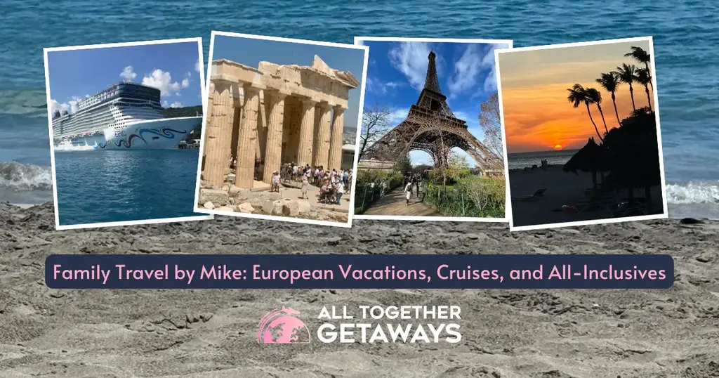 Images of wave reaching the beach, cruise ship, Greek ruins, Eiffel Tower, and beach at sunset