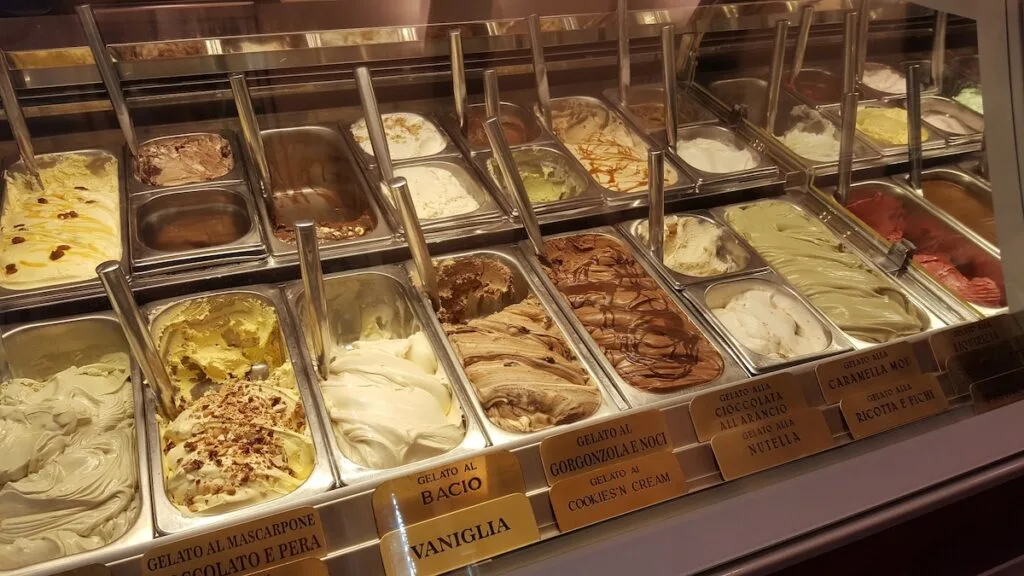 Gelateria counter with different flavors
