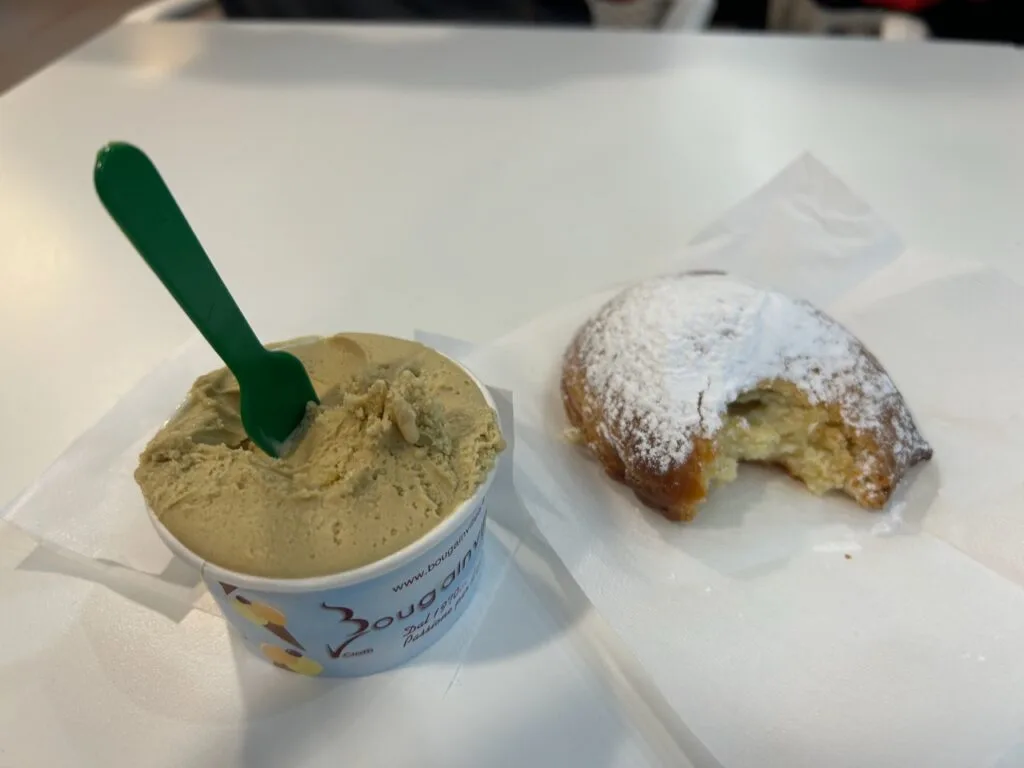 Cup of pistachio gelato and a pastry