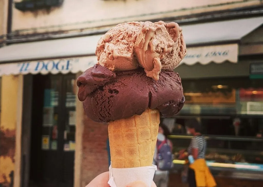 Gelato cone, in front of Il Doge gelateria in Rome