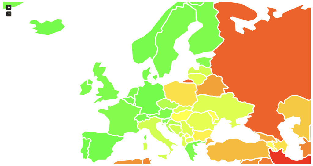 Map of Europe with countries colored to reflect Spartacus Gay Travel Index score