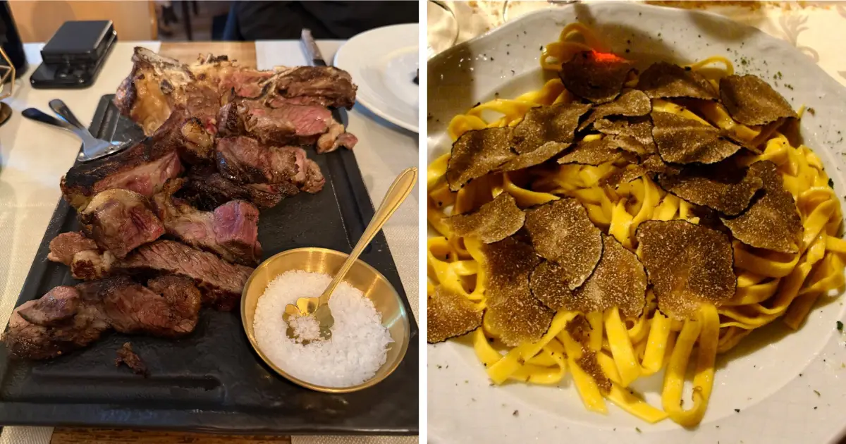 Classic dishes: bistecca alla Fiorentina from Tuscany and pasta with black truffles from Umbria
