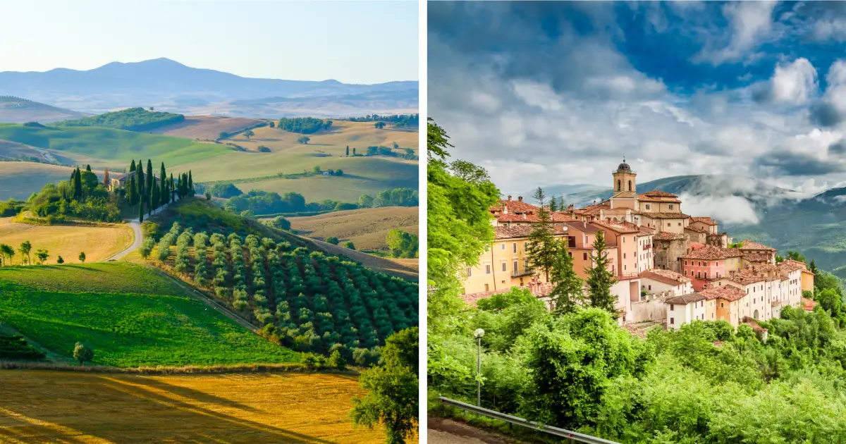 A side-by-side comparison of Tuscany vs. Umbria, showing rolling green hills on the left and a stone hilltop village under clouds on the right.