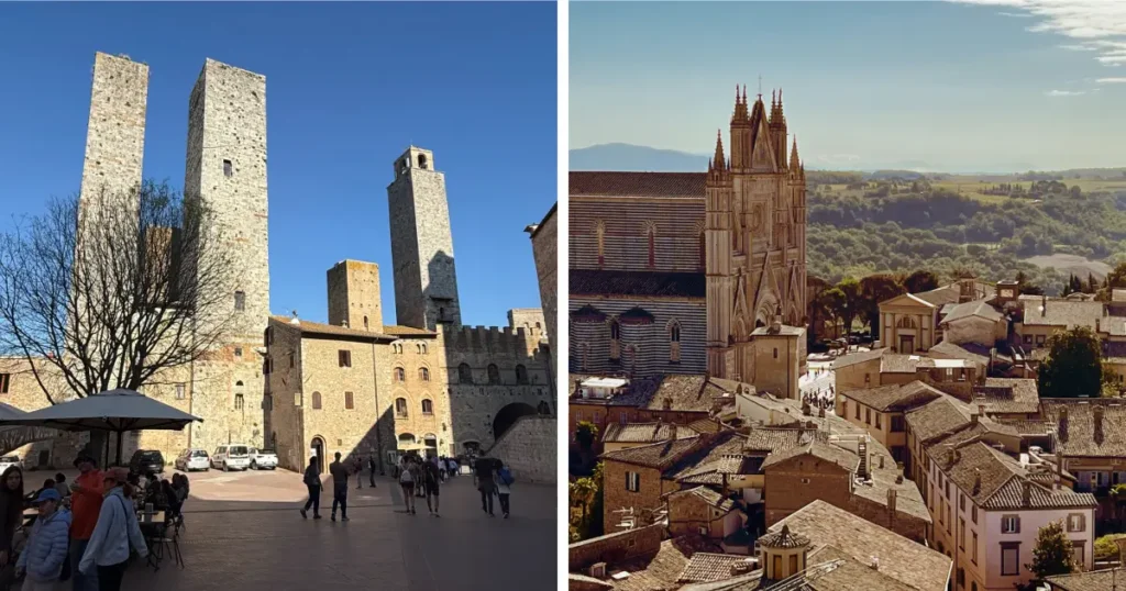A side-by-side comparison of Tuscany vs. Umbria, featuring San Gimignano's tall stone towers on the left and the Orvieto Cathedral on the right.